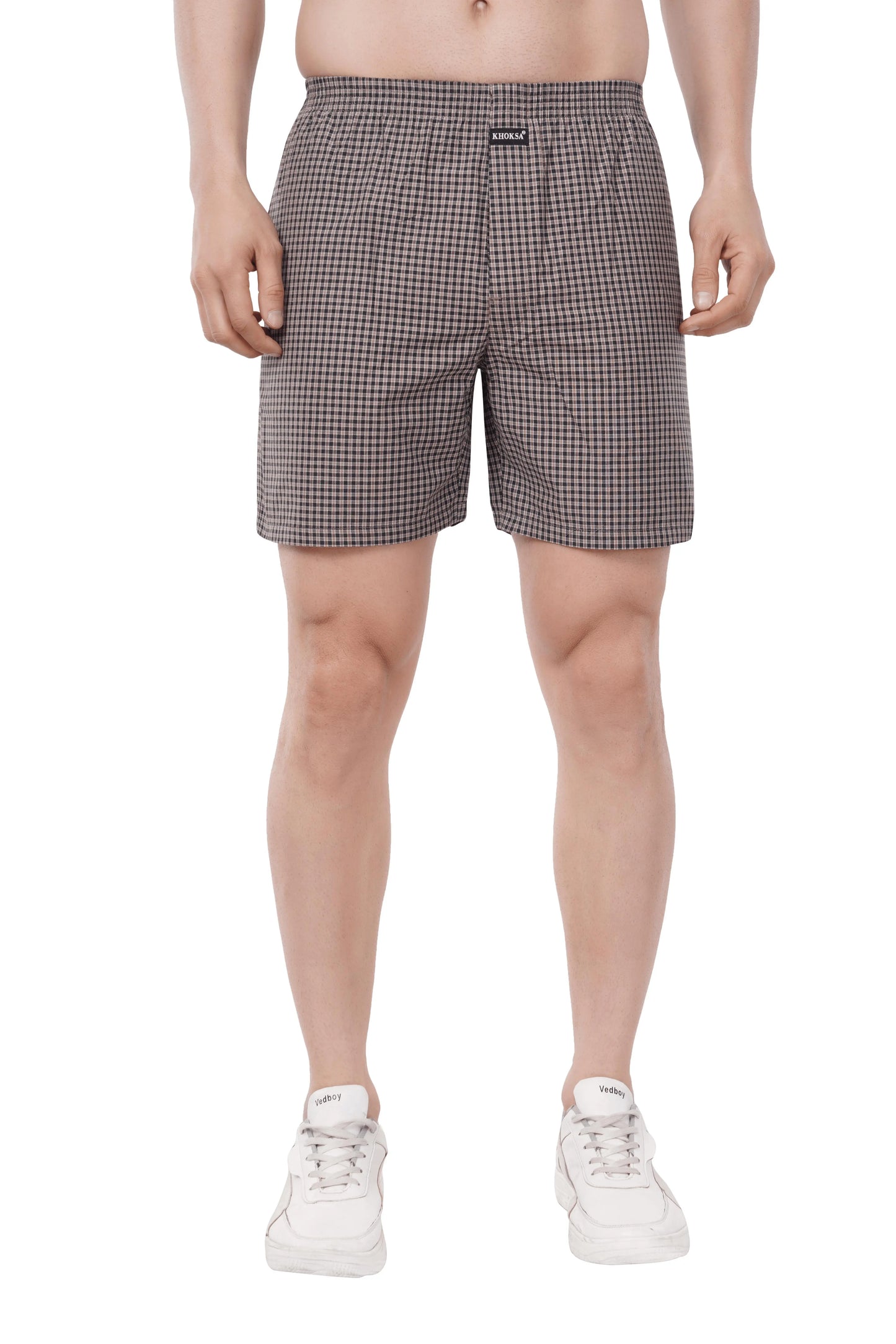 Khoksa Mens Boxer Shorts  Check Solid Color Brown And White Khoksa