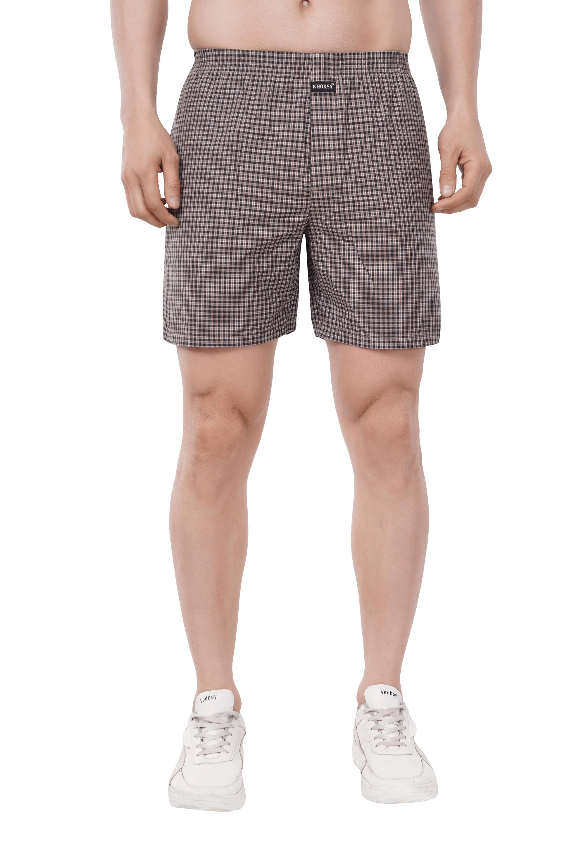 Khoksa Mens Boxer Shorts  Check Solid Color Brown And White Khoksa