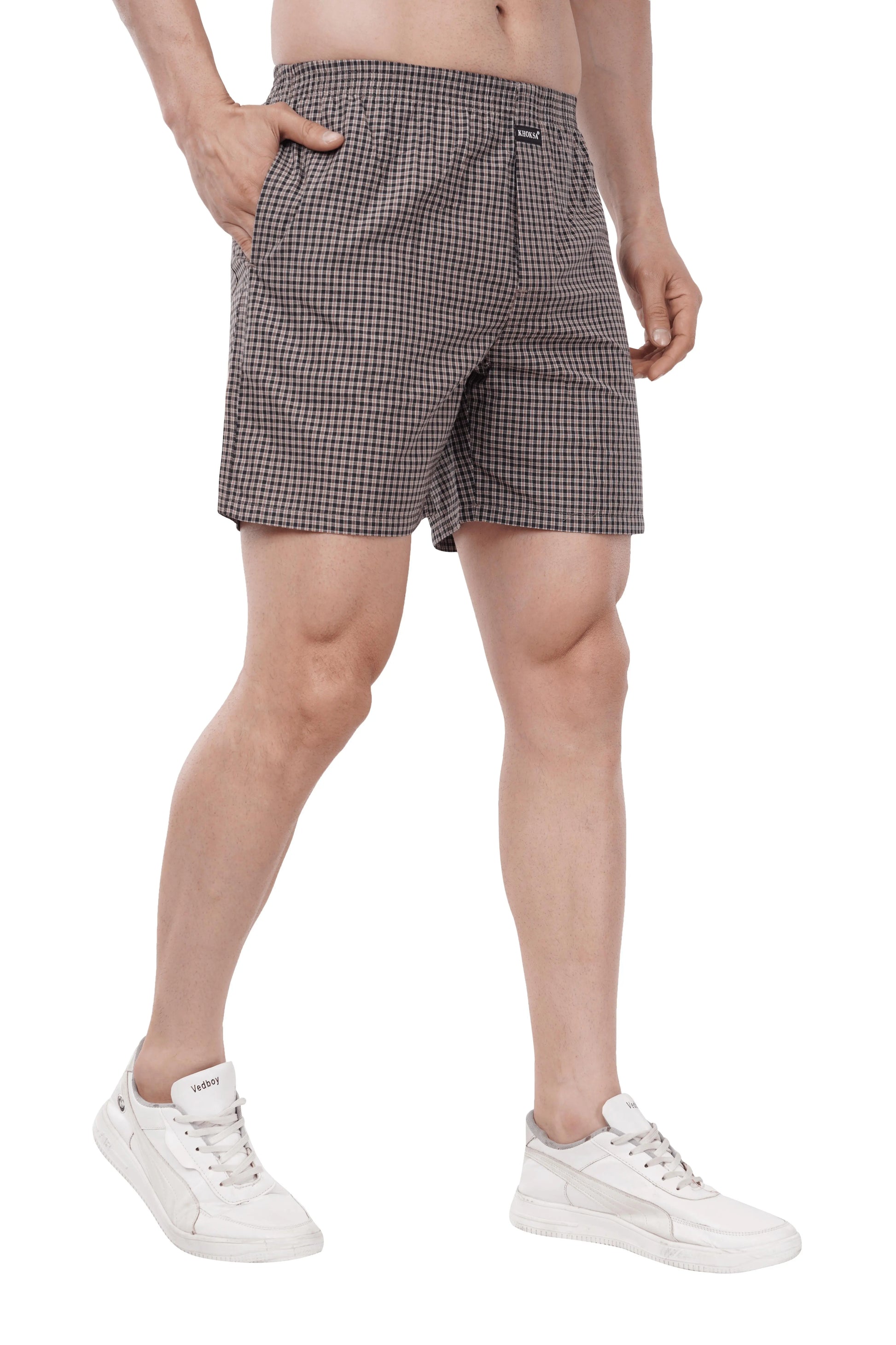 Khoksa Mens Boxer Shorts  Check Solid Color Brown And White Khoksa