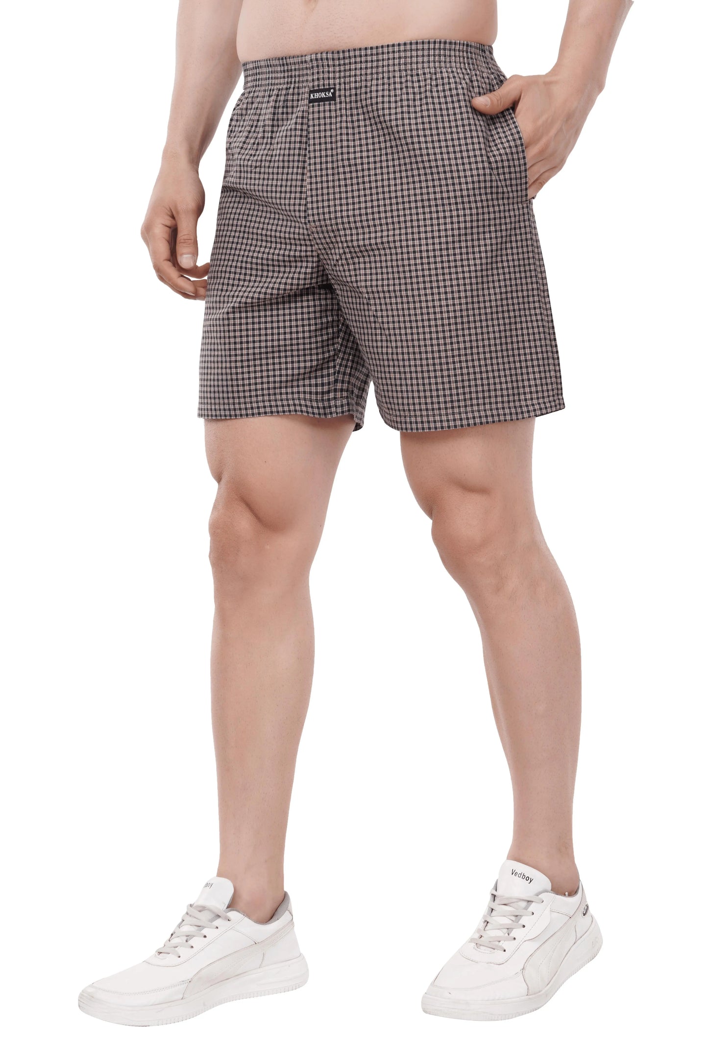 Khoksa Mens Boxer Shorts  Check Solid Color Brown And White Khoksa