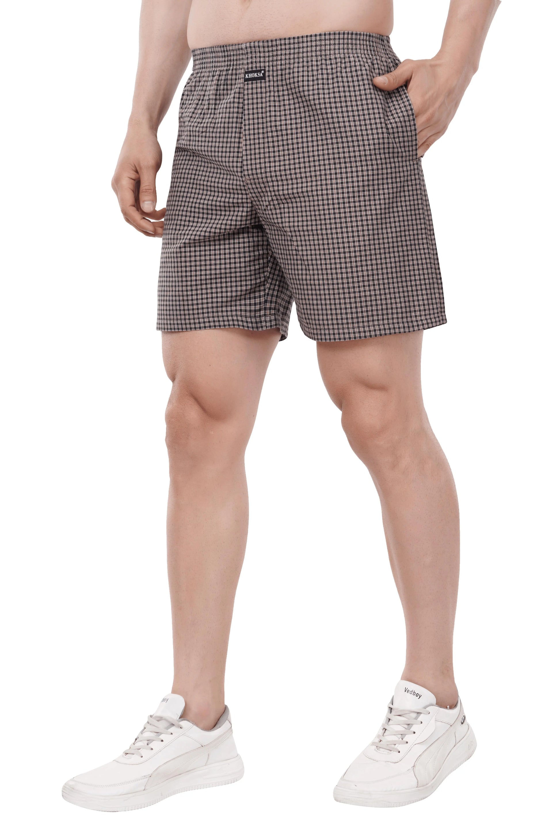 Khoksa Mens Boxer Shorts  Check Solid Color Brown And White Khoksa