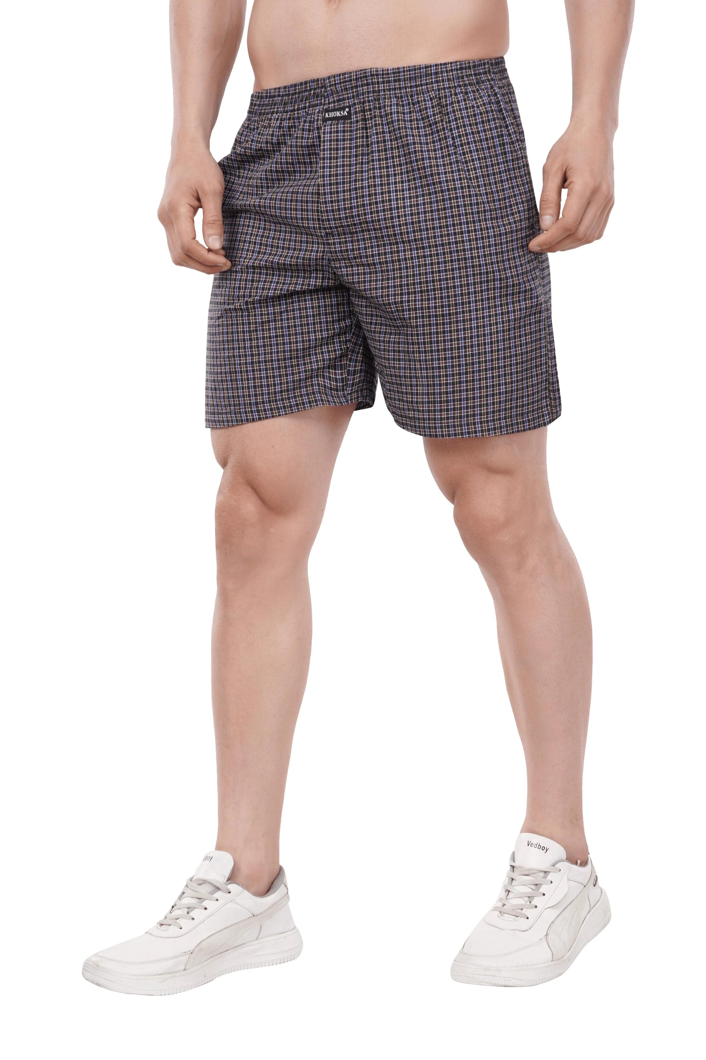Khoksa Mens Boxer Shorts  Check Solid Color Navy Blue And White Khoksa