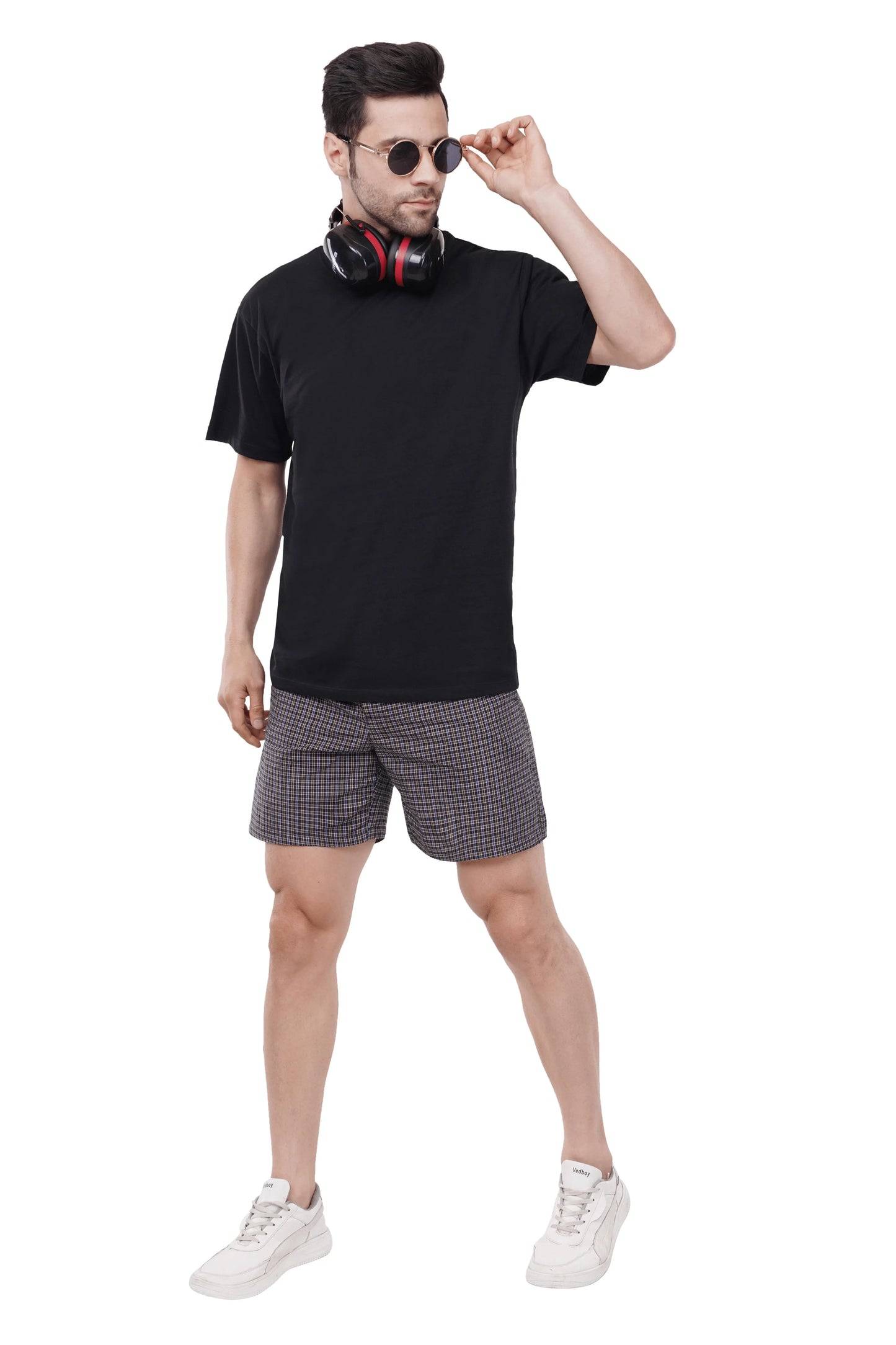 Khoksa Mens Boxer Shorts  Check Solid Color Navy Blue And White Khoksa