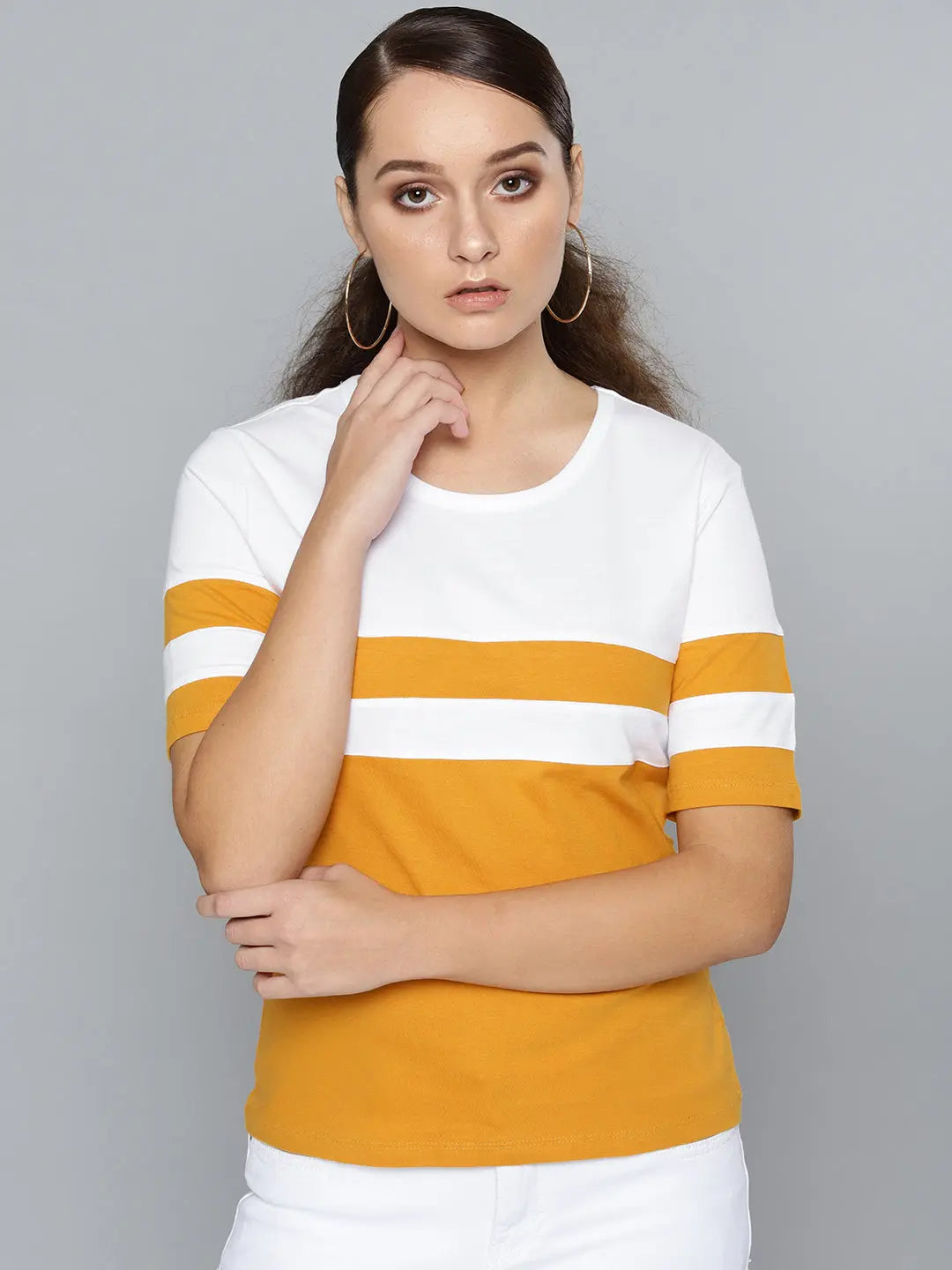 KHOKSA Casual Regular Fit RoundT shirt for Women Yellow And White khoksa