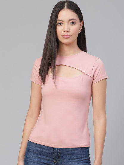 KHOKSA Casual Regular Fit Round Top for Women Light Pink khoksa