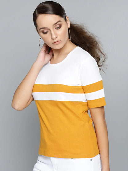 KHOKSA Casual Regular Fit RoundT shirt for Women Yellow And White khoksa