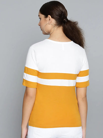 KHOKSA Casual Regular Fit RoundT shirt for Women Yellow And White khoksa