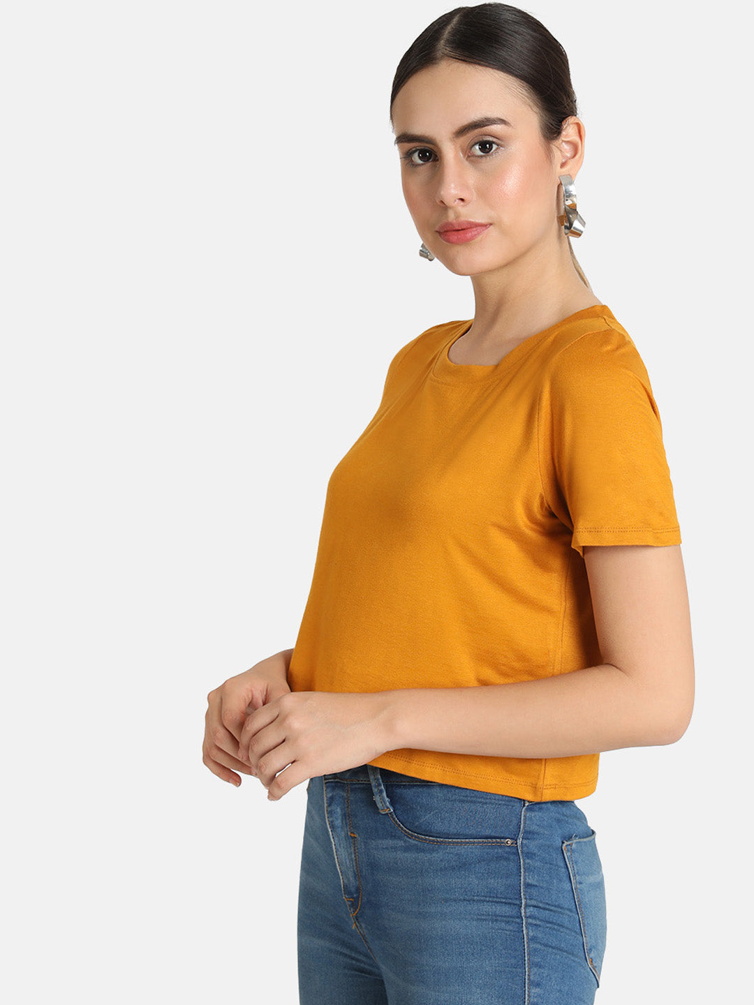 KHOKSA Casual Regular Round Top For Women Yellow And Dark Red khoksa