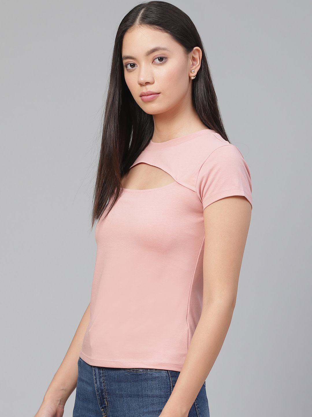 KHOKSA Casual Regular Fit Round Top for Women Light Pink khoksa