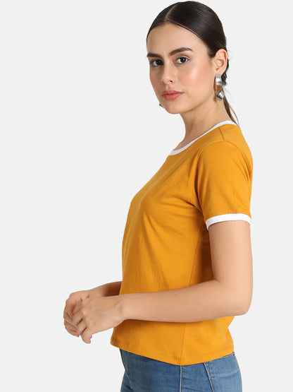 KHOKSA Casual Regular Fit Round T-Shirt For Women Black And Yellow khoksa