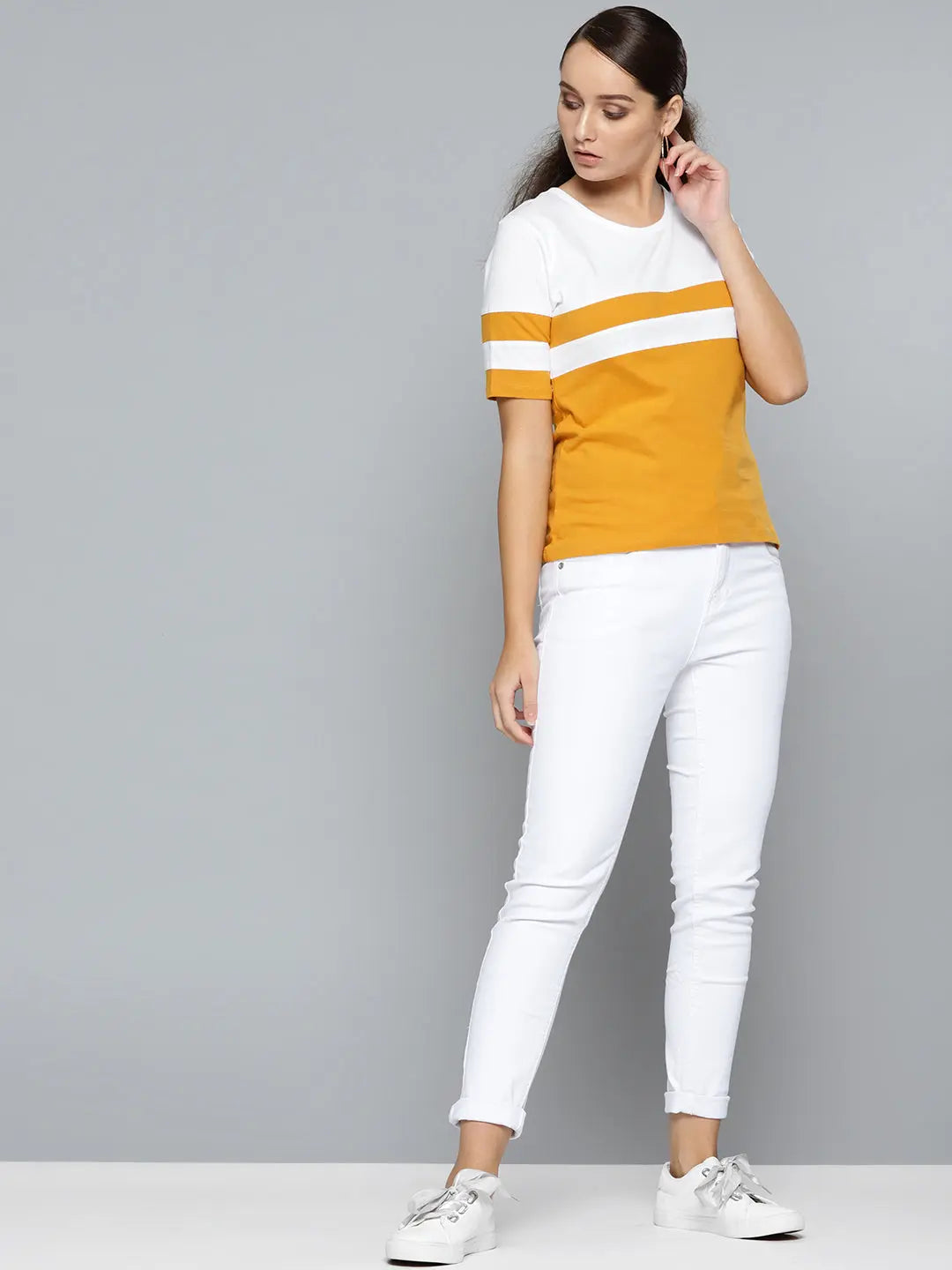 KHOKSA Casual Regular Fit RoundT shirt for Women Yellow And White khoksa