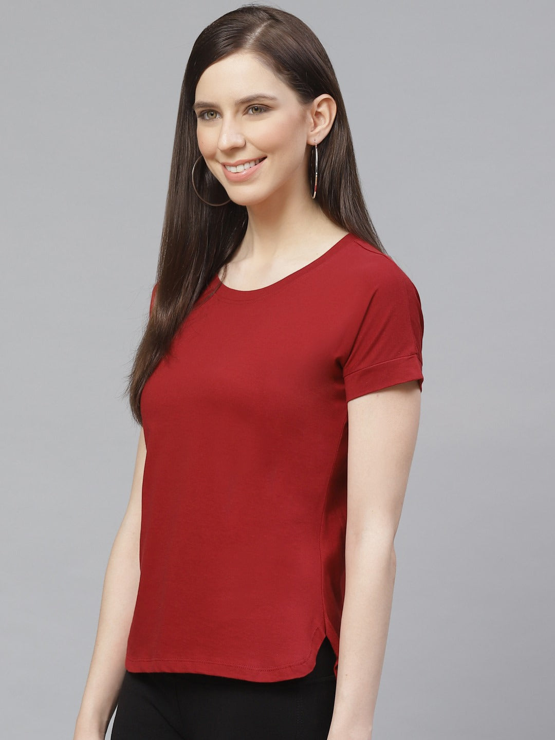 KHOKSA Casual Regular Fit Round Top for Women Black And Red khoksa