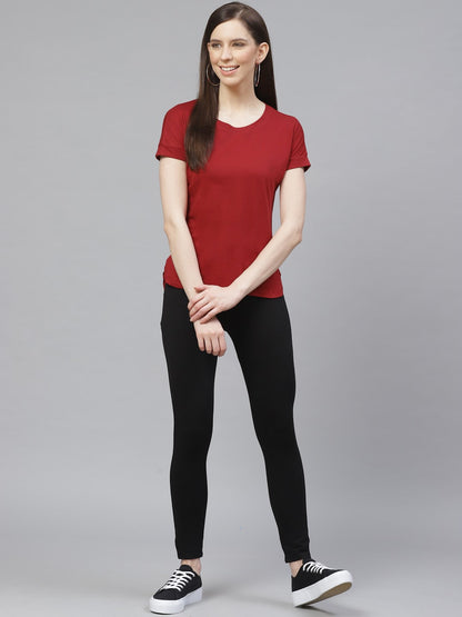 KHOKSA Casual Regular Fit Round Top for Women Black And Red khoksa