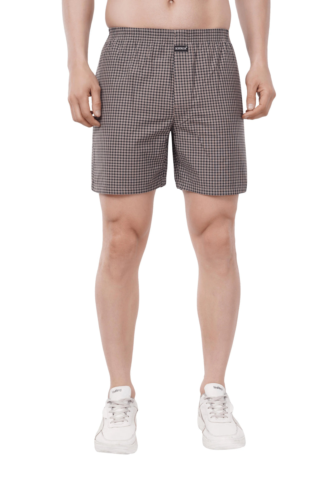 Khoksa Mens Boxer Shorts  Check Solid Color Brown And White Khoksa