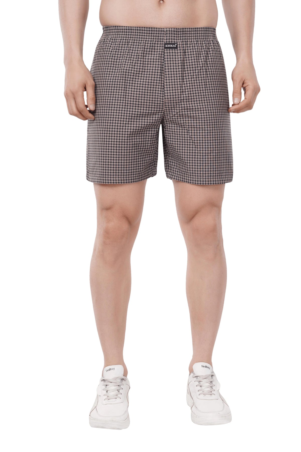 Khoksa Mens Boxer Shorts  Check Solid Color Brown And White Khoksa