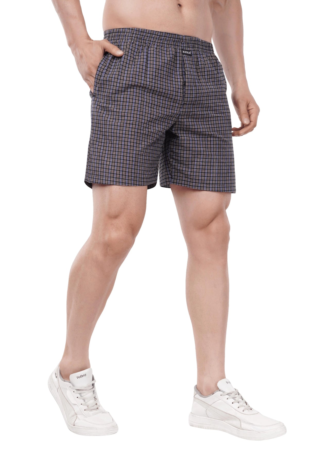 Khoksa Mens Boxer Shorts  Check Solid Color Navy Blue And White Khoksa
