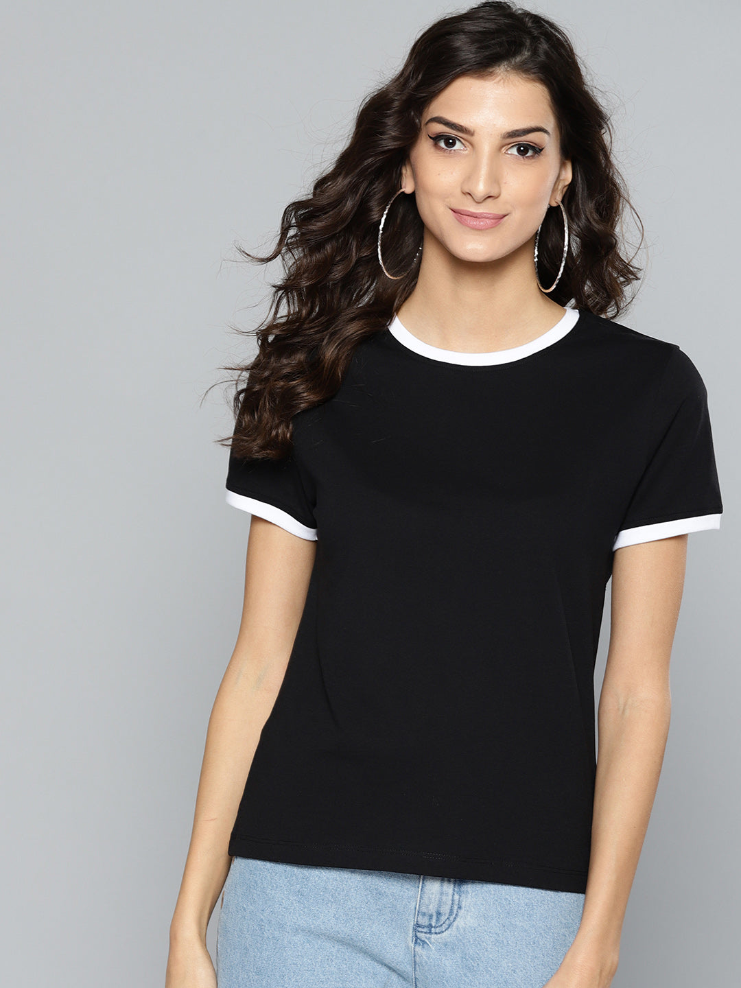 KHOKSA Casual Regular Fit Round T-Shirt For Women Black And Yellow khoksa