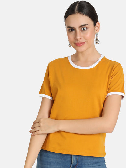 KHOKSA Casual Regular Fit Round T-Shirt For Women Black And Yellow khoksa