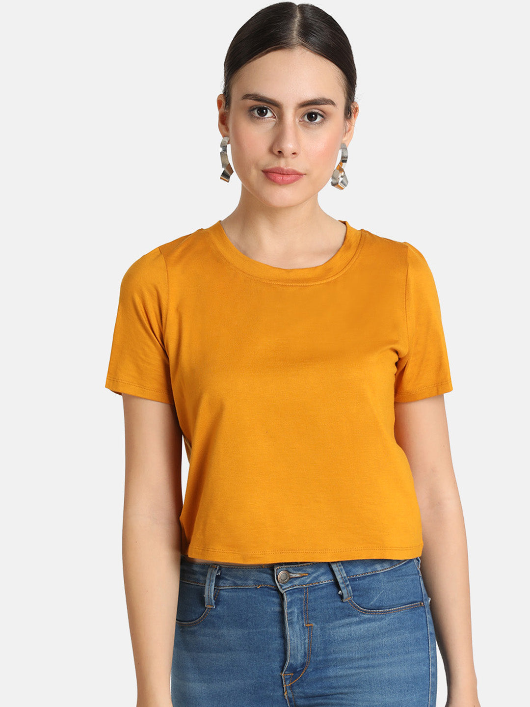 KHOKSA Casual Regular Round Top For Women Yellow And Dark Red khoksa